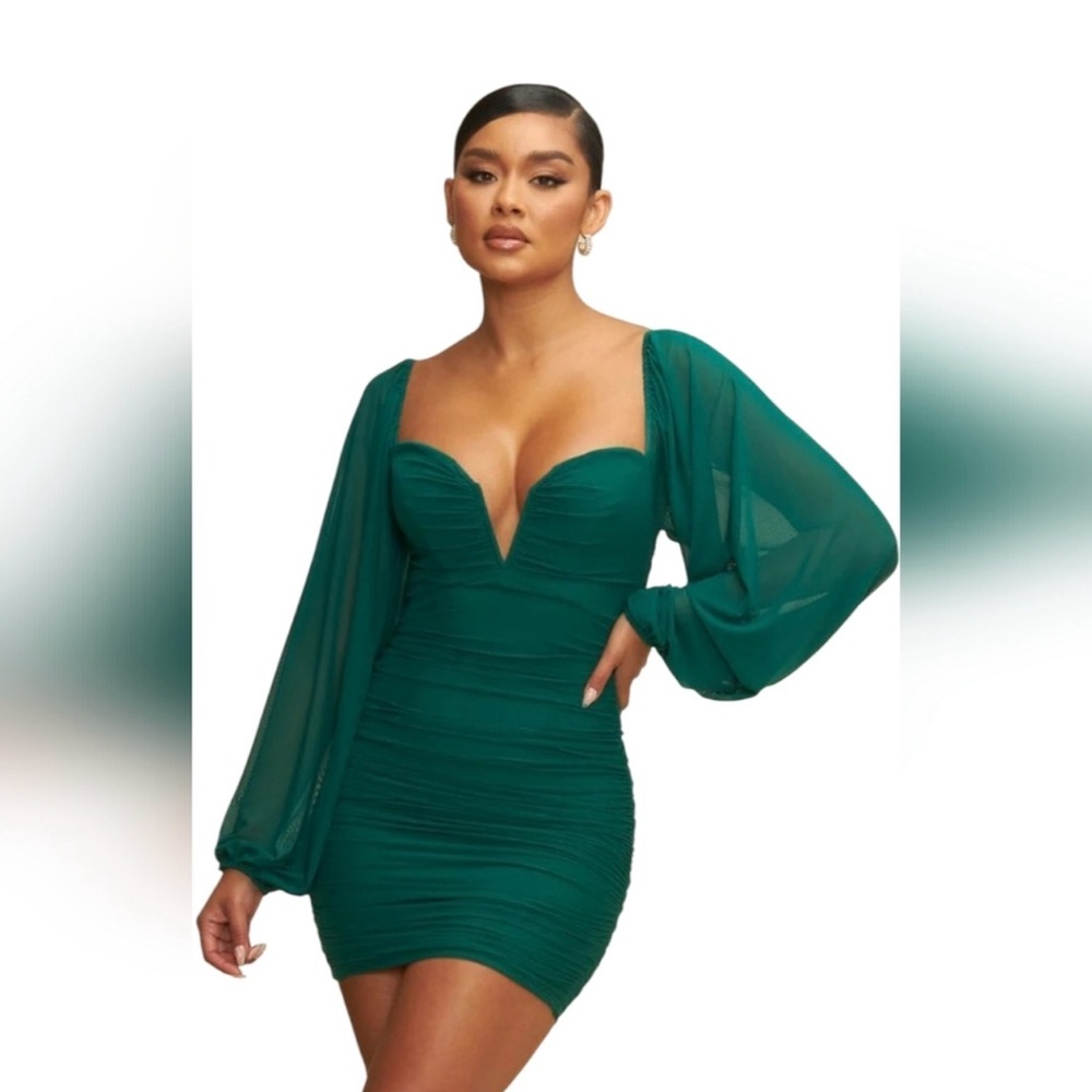 12th Tribe Green Bodycon Mini Dress with Sheer Sleeves